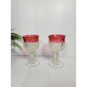 2 Vintage Indiana Glass Wine Glasses, Diamond Point, Ruby Flashing